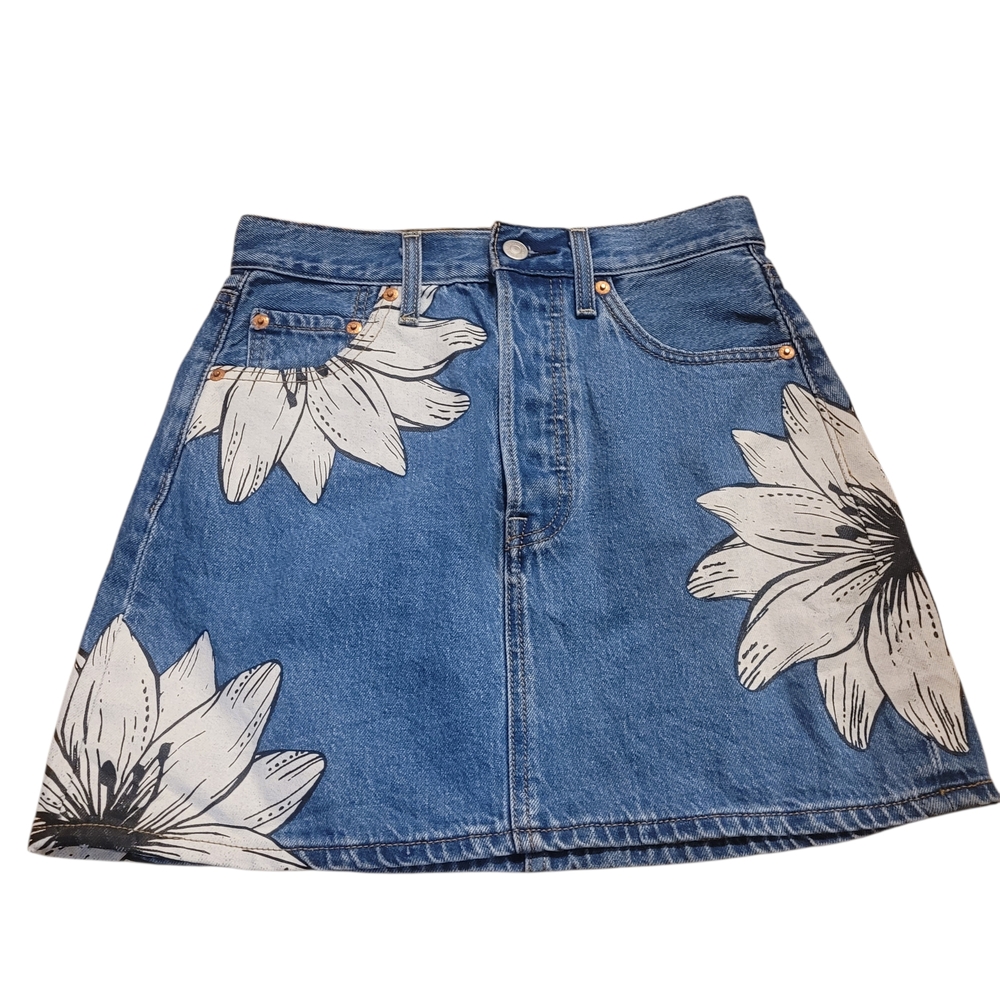 Levi's Blue Denim A-Line Skirt with White Floral Print